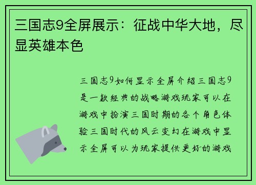 三国志9全屏展示：征战中华大地，尽显英雄本色