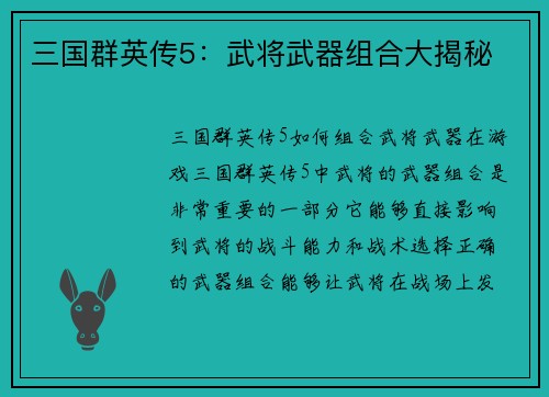三国群英传5：武将武器组合大揭秘